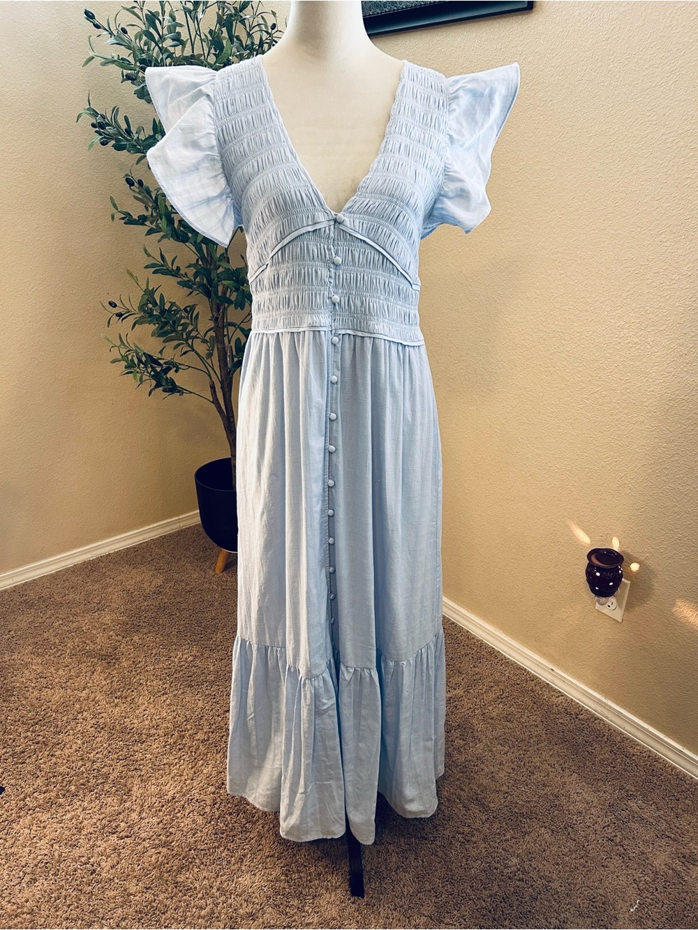 Altar'd State Bianca Button Up Maxi Dress Light Blue Smocked Cottage-core - Picture 11 of 12